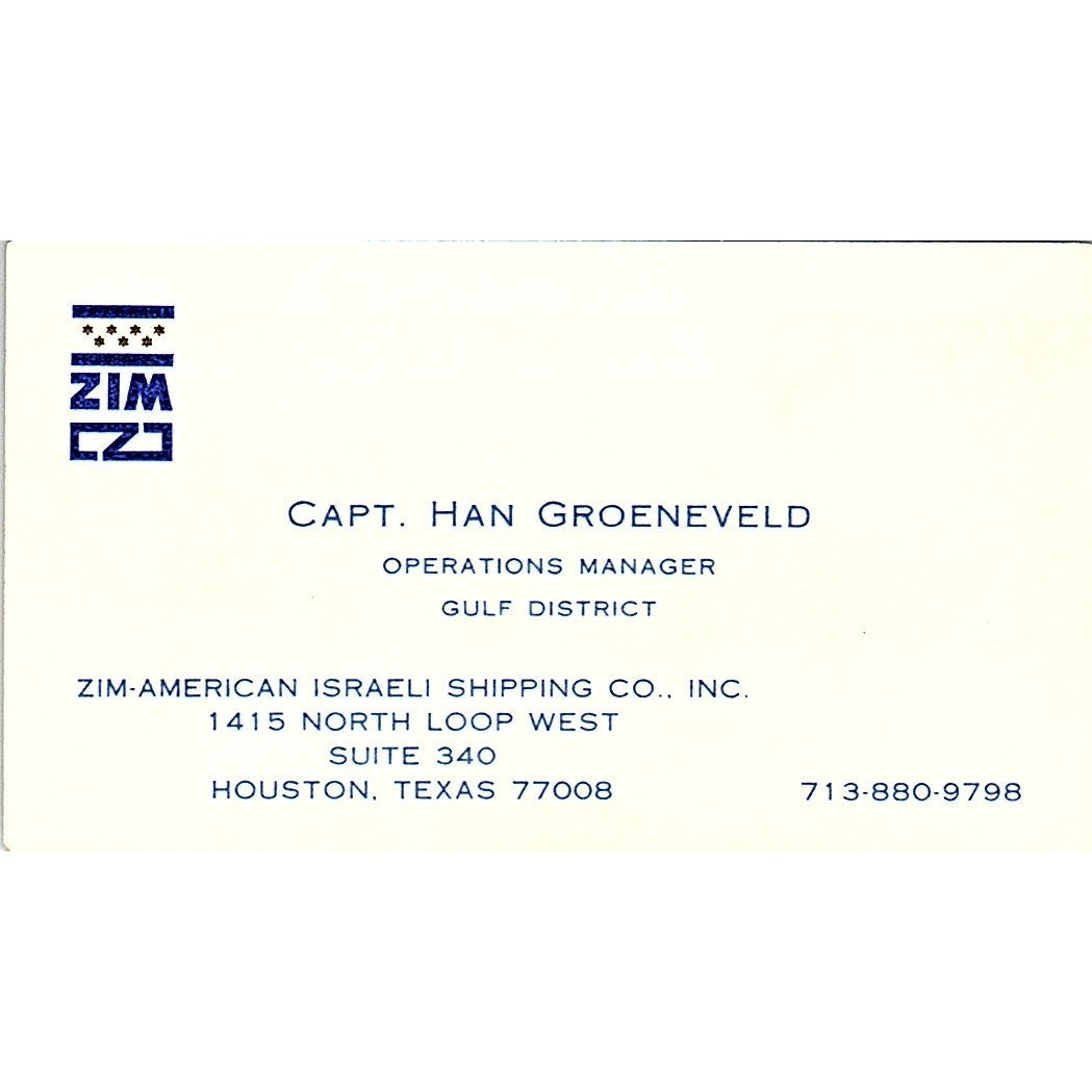 Capt Han Groeneveld Zim-American Israeli Shipping Houston Business Card SC9-B4
