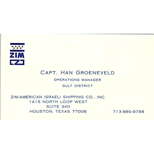 Capt Han Groeneveld Zim-American Israeli Shipping Houston Business Card SC9-B4