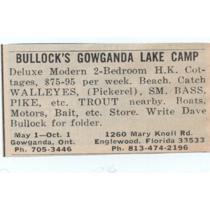 Dave Bullock's Gowganda Lake Camp Gowganda Ontario Canada 1977 Ad AF6-M4