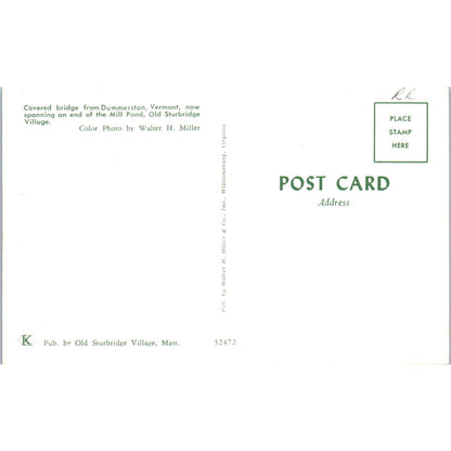 Dummerston Bridge Mill Pond Vermont Covered Bridge Postcard PC7
