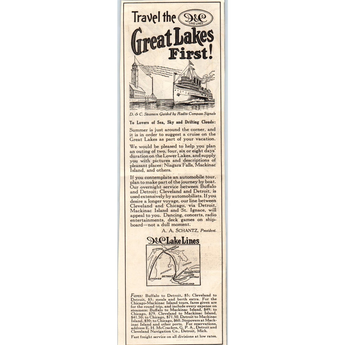 D&C Lake Lines Great Lakes Travel A.A. Schantz 1928 Advertisement AE5-SSE
