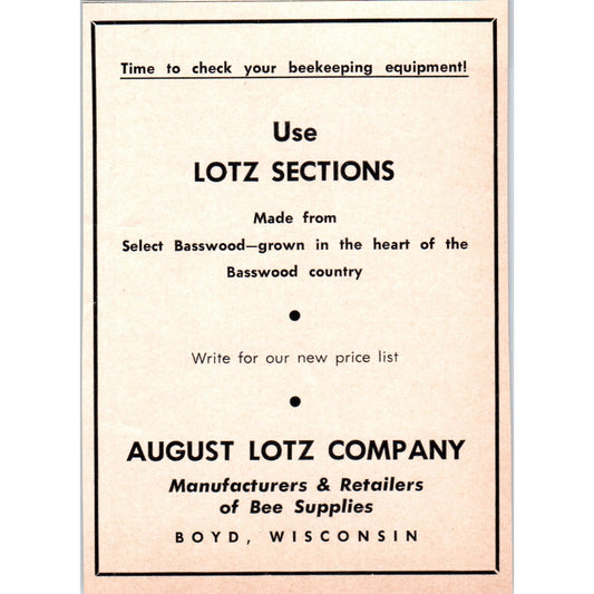 August Lotz Company Bee Supplies Boyd WI 1961 Magazine Ad AB6-LB