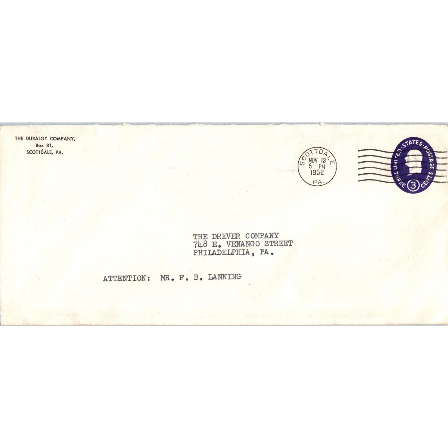 1952 The Duraloy Company Scottdale PA Postal Cover Envelope TH9-L1