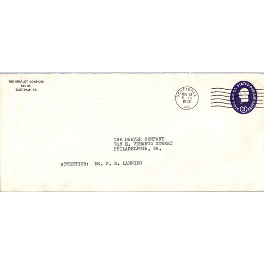 1952 The Duraloy Company Scottdale PA Postal Cover Envelope TH9-L1