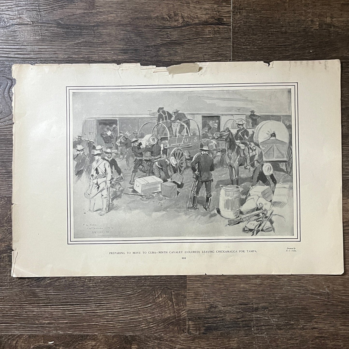 Preparing to Move to Cuba 9th Cavalry - 1898 F.C. Yohn Etching 11x17 V10