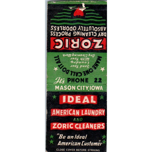 Zoric Dry Cleaning Mason City Iowa Vintage Matchbook Cover SD4-Y11