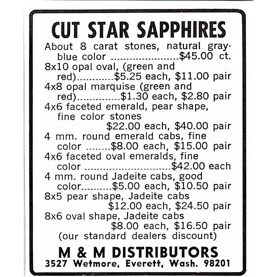 M&M Distributors Star Cut Sapphires Everett WA 1972 Ad AF8-M1