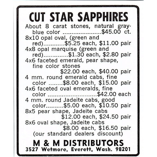 M&M Distributors Star Cut Sapphires Everett WA 1972 Ad AF8-M1