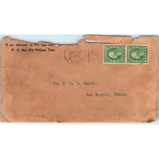 1916 Abilene TX to Dr. S.L.S. Smith San Angelo Postal Cover Envelope TG7-PC1