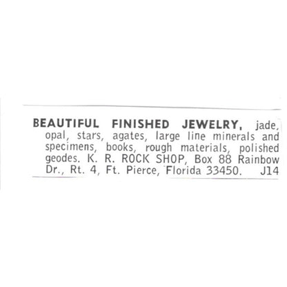 K.R. Rock Shop Finished Jewelry Ft. Pierce Florida 1972 Ad AF8-S26