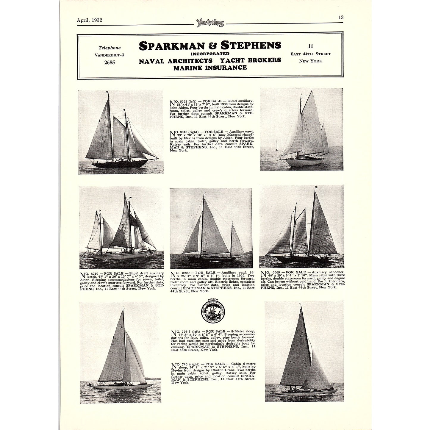 Furnans Yacht Agency New Bedford MA, Sparkman & Stephens Yachts NY 1932 Ad V1-4