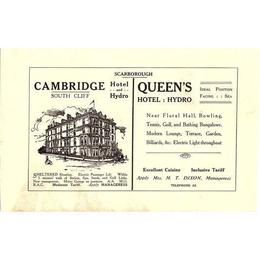Cambridge Hotel South Cliff, Queen's Hotel M.T. Dixon Scarborough c1910 Ad AF3-9
