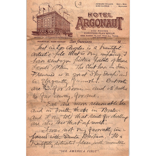 Early 1900s Handwritten Letter on Hotel Argonaut San Francisco Letterhead AF4-1