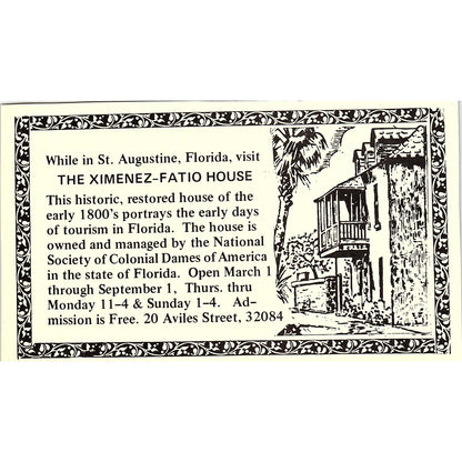The Ximenez-Fatio House St. Augustine FL 1989 Ad AF9-12