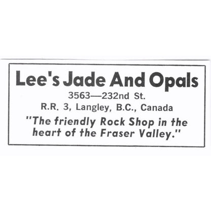 Lee's Jade and Opals Langley British Columbia Canada 1972 Ad AF8-S3