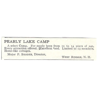 Pearly Lake Camp Major P. Bender West Rindge NH c1918 Advertisement AE5-SA6