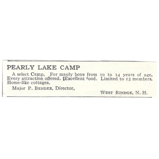 Pearly Lake Camp Major P. Bender West Rindge NH c1918 Advertisement AE5-SA6