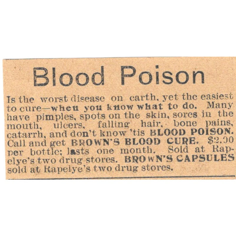 Brown's Capsules Quackery Rapelye Drug Store Hartford 1901 Newspaper Ad AD8-HS9