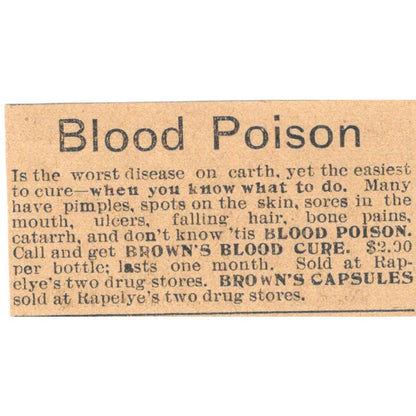 Brown's Capsules Quackery Rapelye Drug Store Hartford 1901 Newspaper Ad AD8-HS9