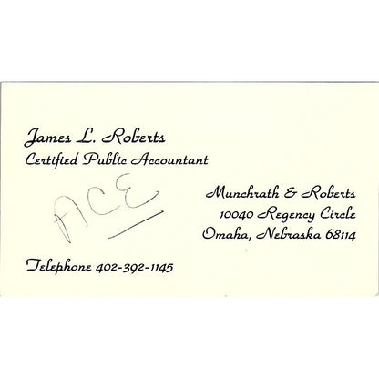 James L Roberts CPA Munchrath & Roberts Omaha NE Vintage Business Card SD9-B1