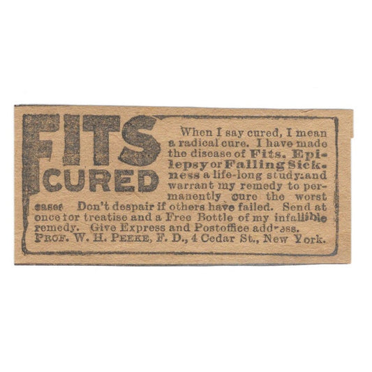 Fits Cured Prof. W.H. Peeke F.D. New York 1906 Original Ad AK6-S11