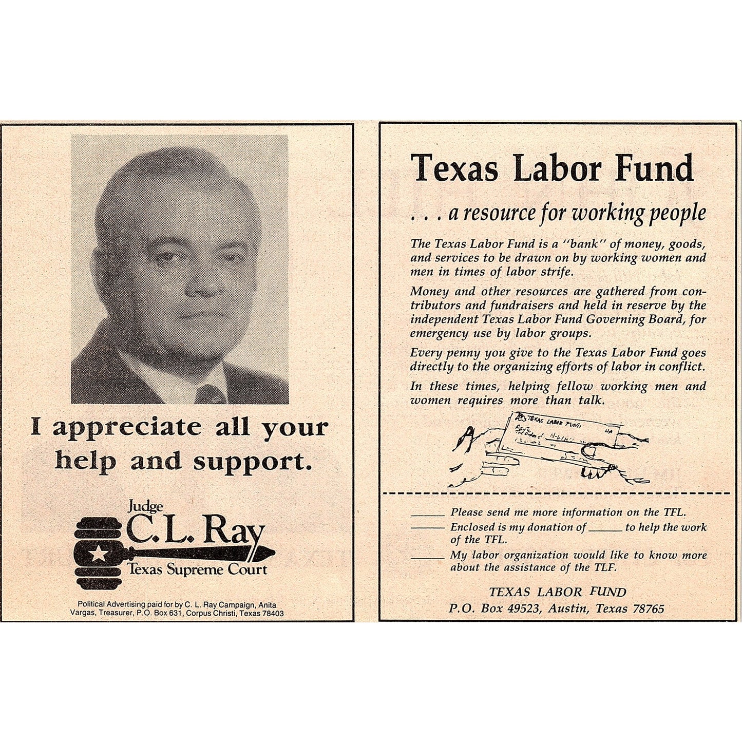 John Hill for Texas Supreme Court Chief Justice Jim Hightower 1984 Ad AF6-7
