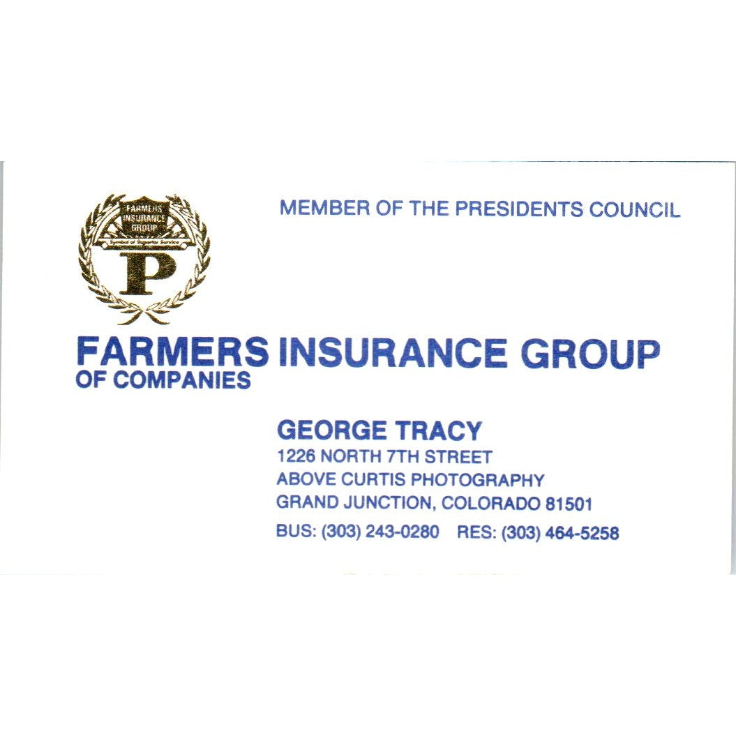 Farmers Ins Group George Tracy Grand Junction CO Vintage Business Card SD8-B19
