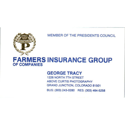 Farmers Ins Group George Tracy Grand Junction CO Vintage Business Card SD8-B19