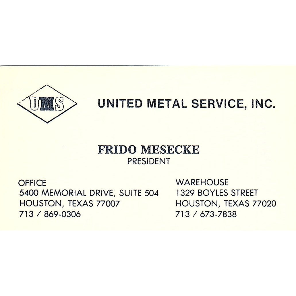 Frido Mesecke United Metal Service Inc Houston Vintage Business Card SE5-B2