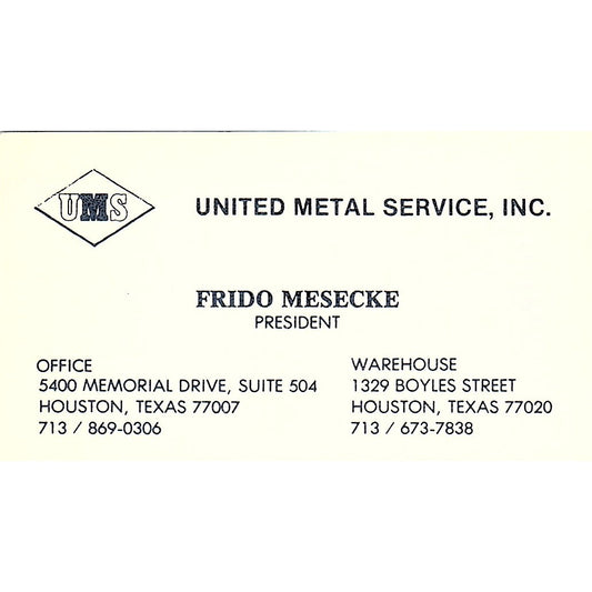 Frido Mesecke United Metal Service Inc Houston Vintage Business Card SE5-B2