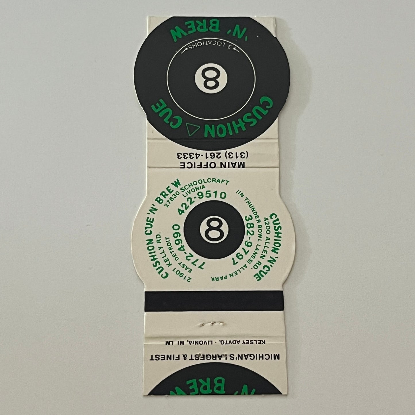Cushion Cue 'N Brew Detroit Livonia Allen Park Matchbook Cover TB6-MB2-4