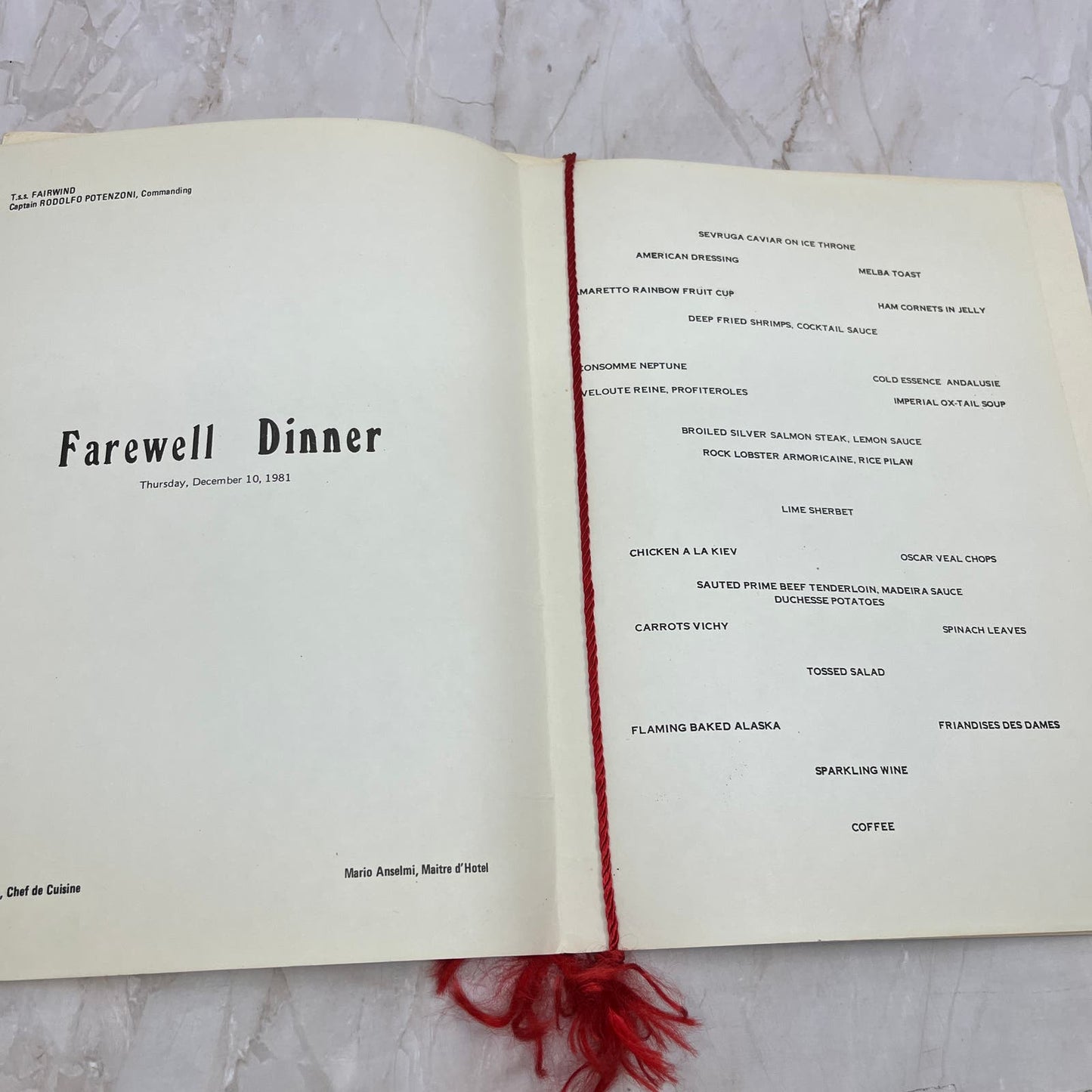 1981 TSS Fairwind Cruise Farewell Dinner Menu Cpt. Rodolfo Potenzoni TI8-S7