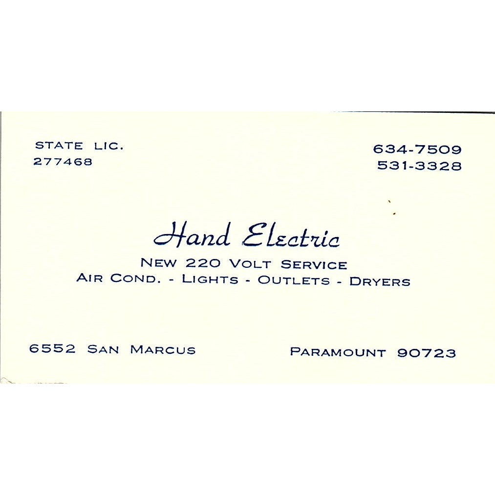 Hand Electric New 220 Volts Service San Marcus Paramount Business Card SF3-B5