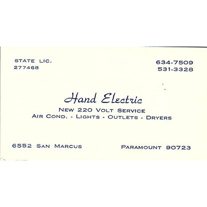 Hand Electric New 220 Volts Service San Marcus Paramount Business Card SF3-B5