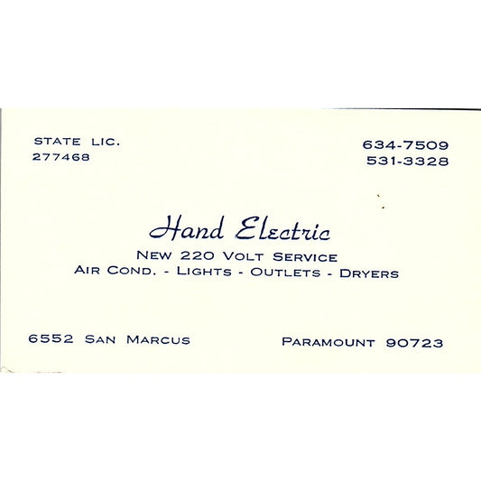 Hand Electric New 220 Volts Service San Marcus Paramount Business Card SF3-B5
