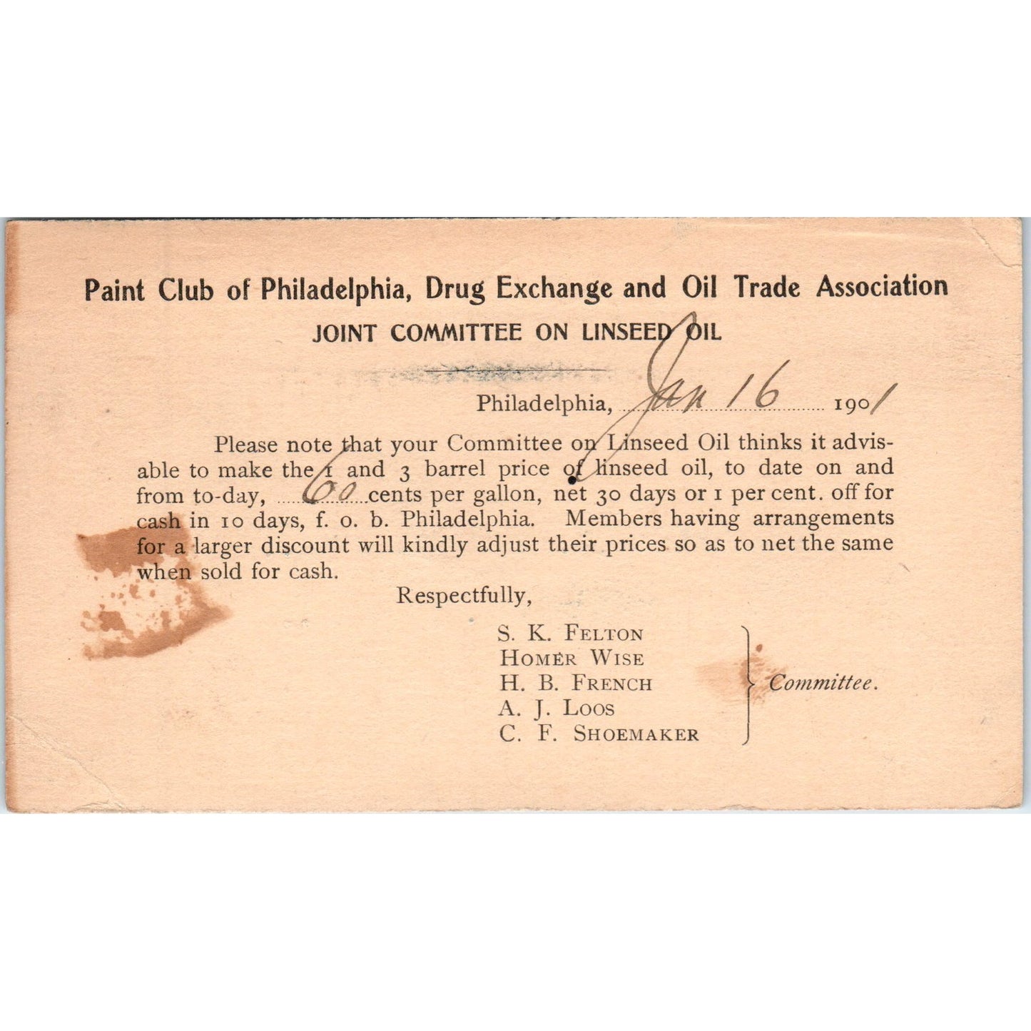 1901 Paint Club of Philadelphia Joint Commission on Linseed Oil Postal Card PE6