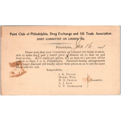 1901 Paint Club of Philadelphia Joint Commission on Linseed Oil Postal Card PE6