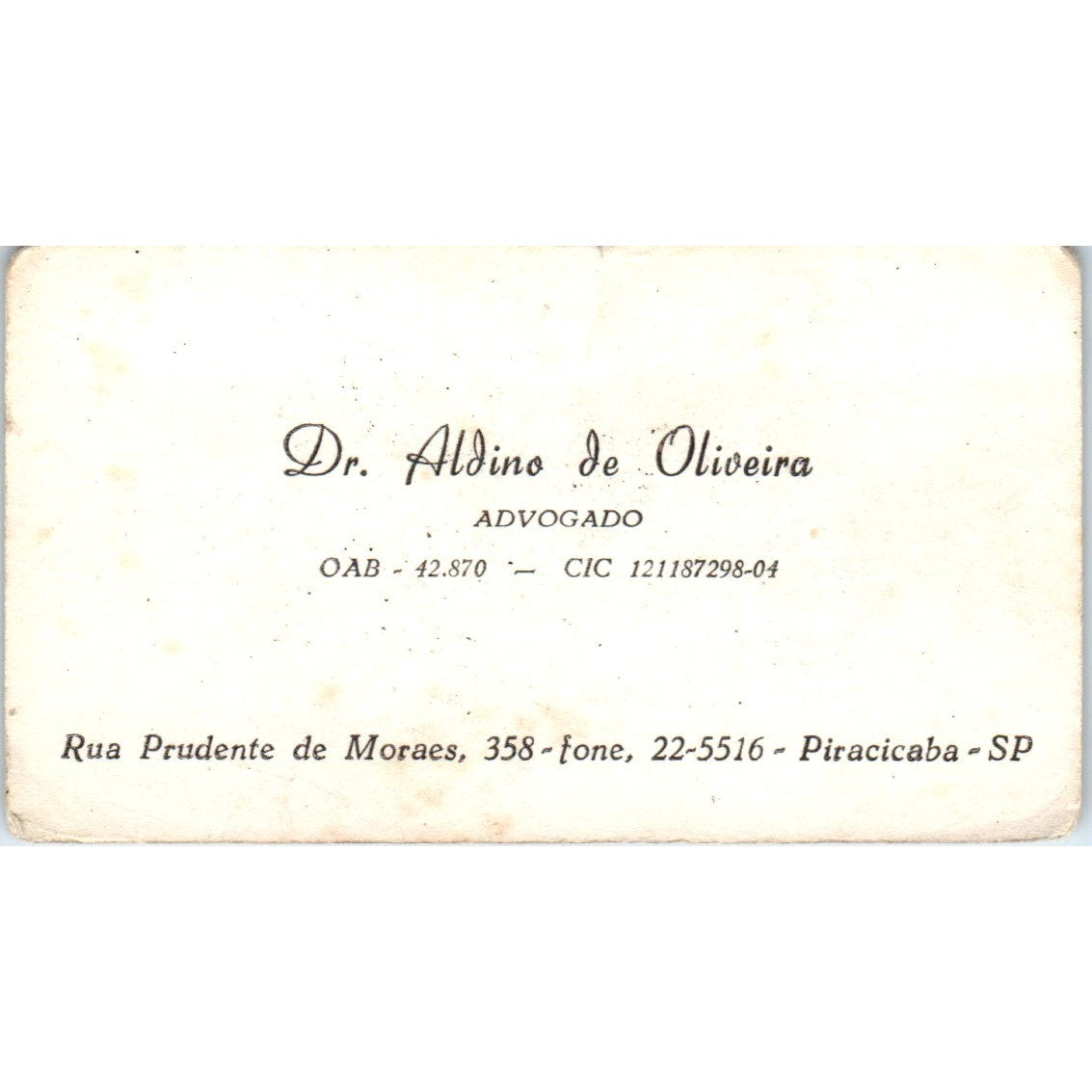 Dr. Aldino De Oliveira Advogado Piracicaba SP Vintage Business Card SD8-B17
