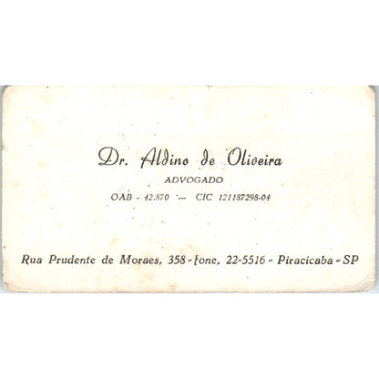 Dr. Aldino De Oliveira Advogado Piracicaba SP Vintage Business Card SD8-B17