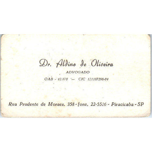 Dr. Aldino De Oliveira Advogado Piracicaba SP Vintage Business Card SD8-B17