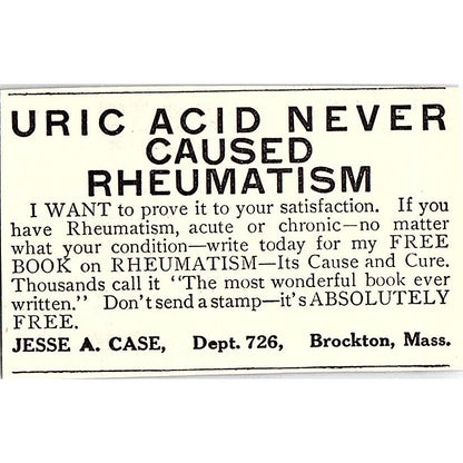 Jesse A. Case Brockton MA Rheumatism Treatment 1914 Original Ad AF3-Q4