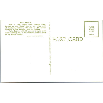 Neet Bridge Parke County IN Rockville Vintage Covered Bridge Postcard PD3