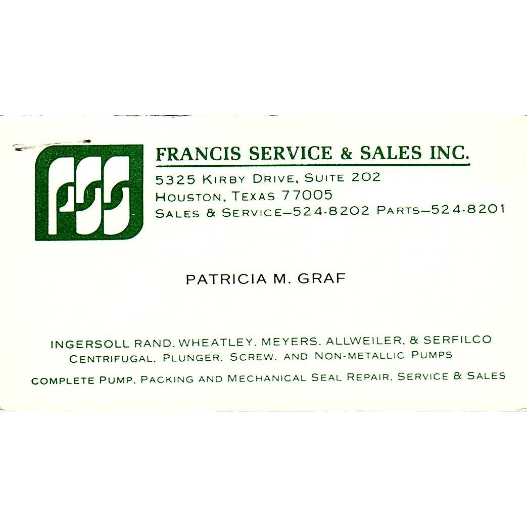 Francis Services & Sales Patricia M Graf Houston Texas Business Card SB4-B11