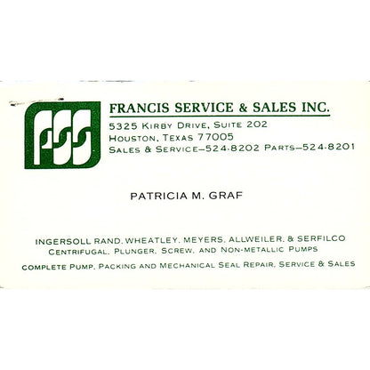 Francis Services & Sales Patricia M Graf Houston Texas Business Card SB4-B11