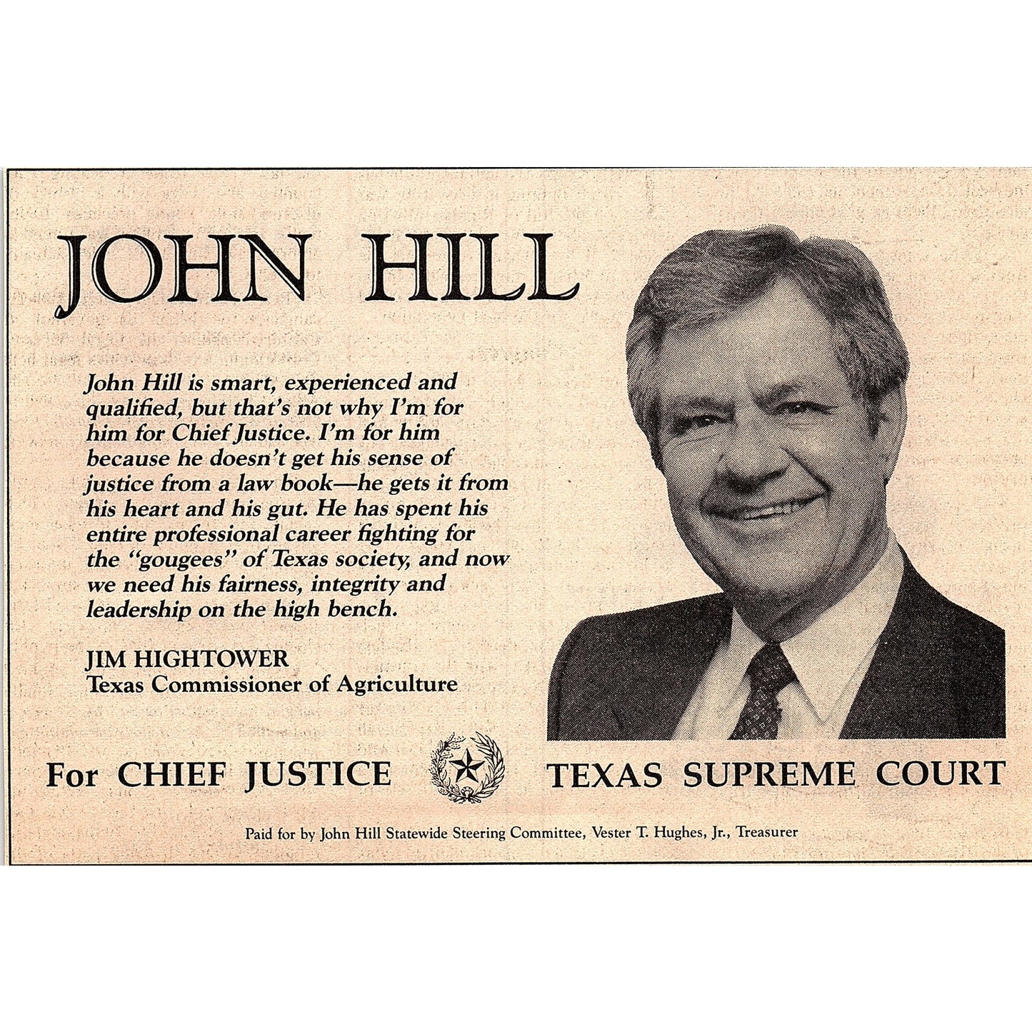 John Hill for Texas Supreme Court Chief Justice Jim Hightower 1984 Ad AF6-7