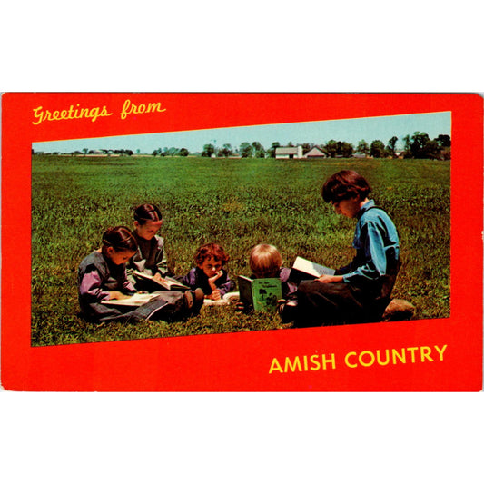 Amish Children Reading Books Pennsylvania Dutch Country Vintage Postcard PD4