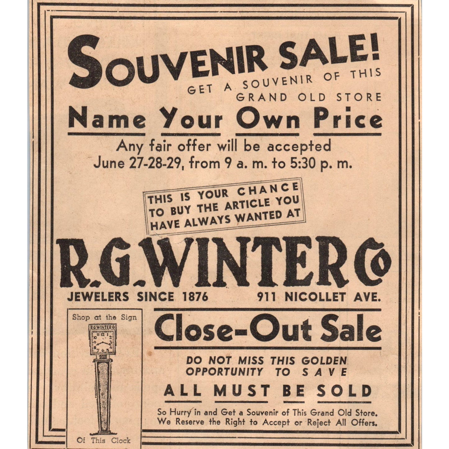 R.G. Winter Co Jewelers 6x7" 1935 Minneapolis Journal Advertisement AE7-N1