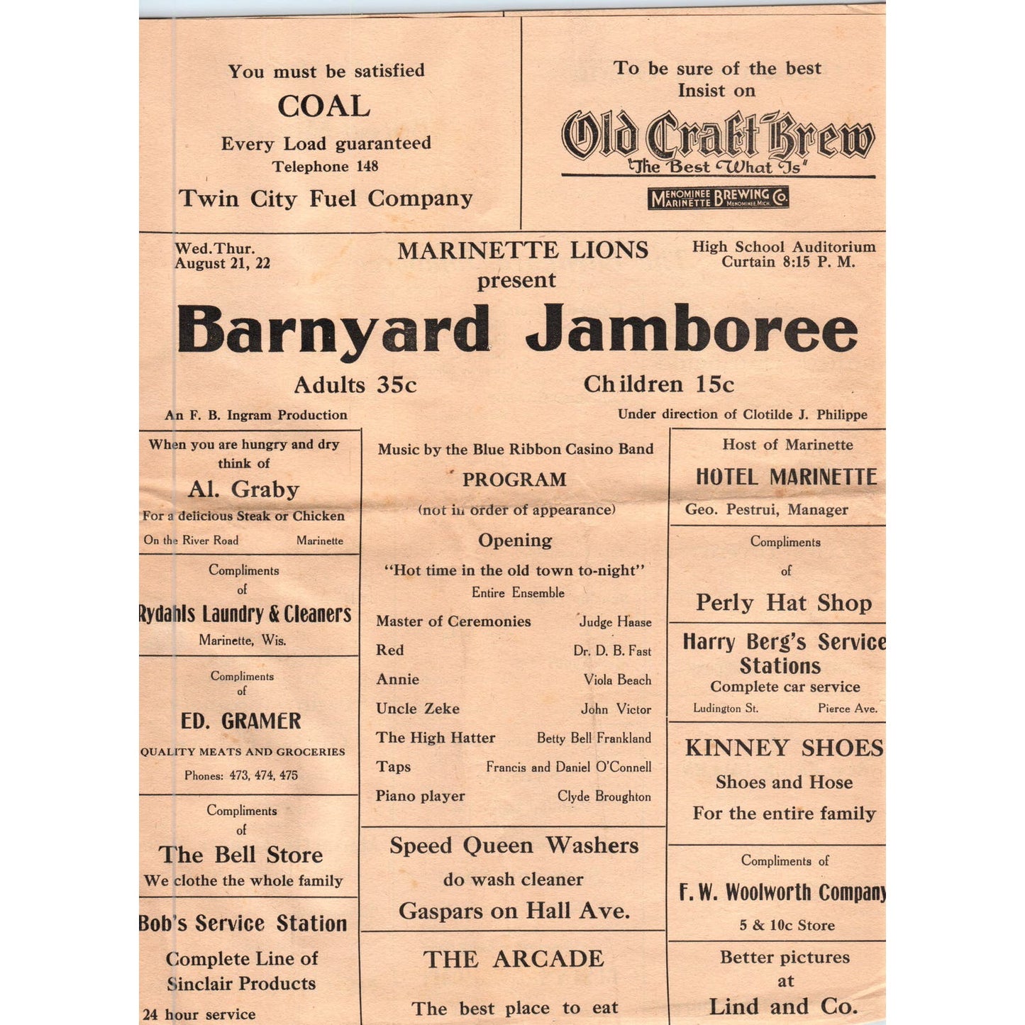 1930s Marinette Wisconsin Lions Barnyard Jamboree Program AE5