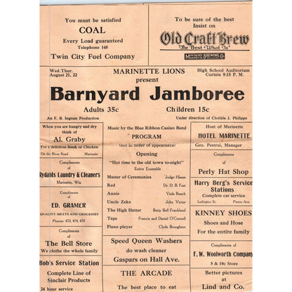 1930s Marinette Wisconsin Lions Barnyard Jamboree Program AE5