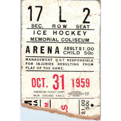 1959 Oct 31 Memorial Coliseum Fort Wayne Komets Ice Hockey Game Stub AB9
